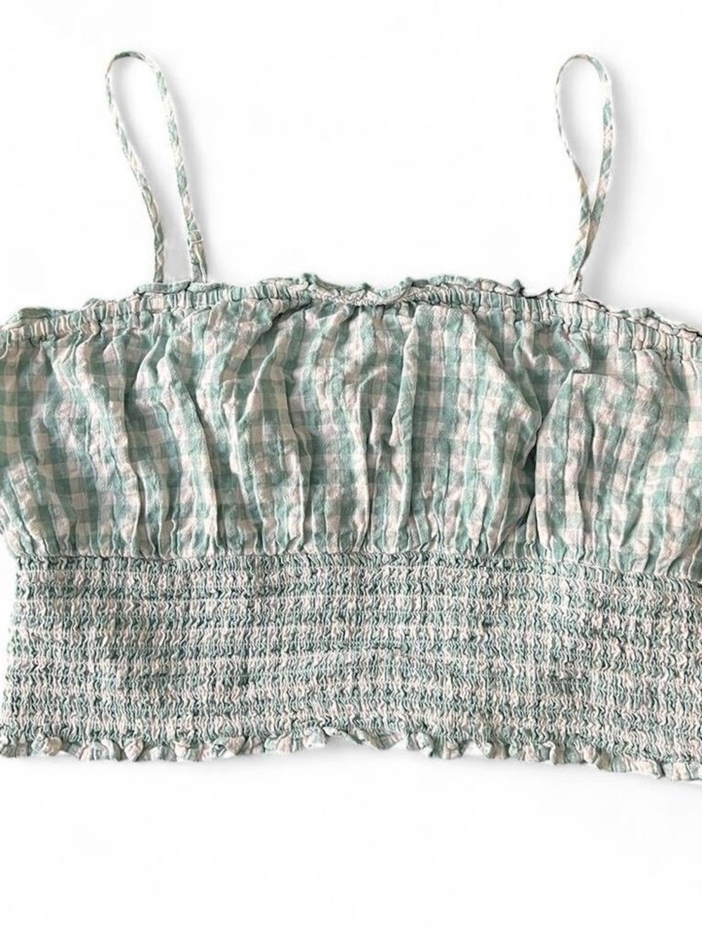 American Eagle Outfitters Mint Green & White Gingham Smocked Crop Cami